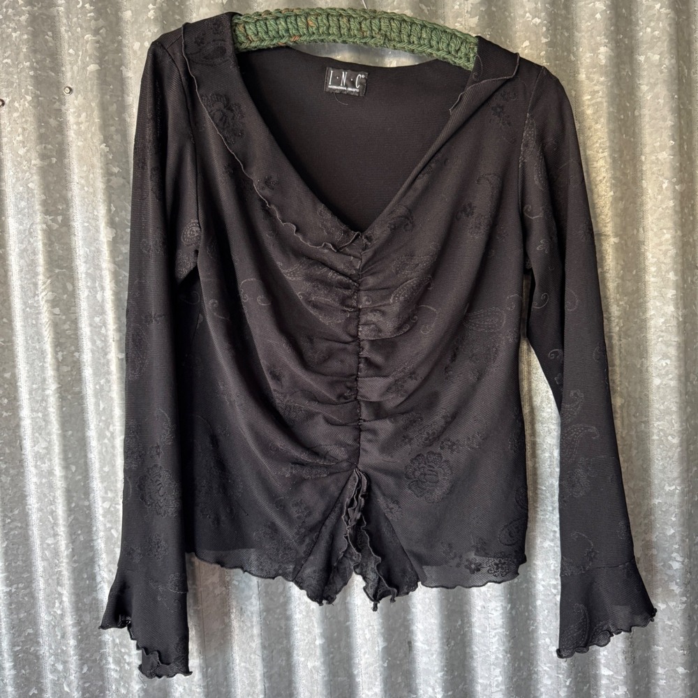 Y2K INC International Concepts Black Mesh Paisley Ruched V-Neck Lettuce Trim Top